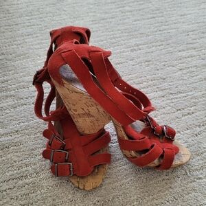 BERSHKA RED CORK HIGH HEEL SANDALS SIZE 6.5 real suede leather